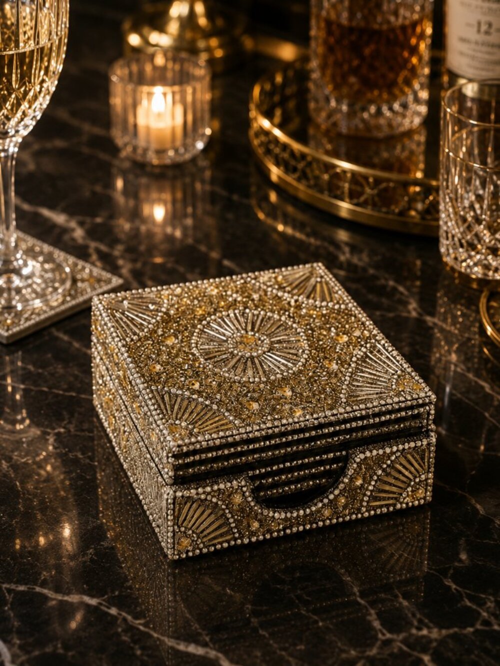 Set of 8 Silver Bedazzled Wine Coasters in Matching Tray